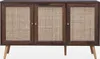 A dark wood sideboard with rattan woven doors and light wood legs is shown against a white background. Produktbild-Vorschau