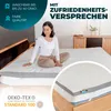 A woman sitting on a mattress topper on a bed, with marketing text and certifications visible. Produktbild-Vorschau