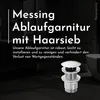 A bathroom sink drain assembly with descriptive text and a brand logo. Produktbild-Vorschau
