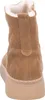 A close-up rear view of a brown suede boot with a white fuzzy lining and a thick tan sole. Voir les images du produit