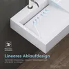 A close-up view of a white sink with a linear drain design, showing water flow arrows. Produktbild-Vorschau