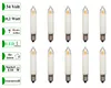 A product shot of multiple LED filament candle bulbs arranged in two rows against a white background, with descriptive text labels on the left. Produktbild-Vorschau