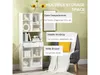 A white bookshelf with various items on display, next to a chair with a yellow pillow and a blanket. Text overlays describe storage features. Náhľad obrázku produktu