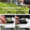 A collage of images showing a person using a hedge trimmer, close-ups of the handle, and text overlay describing its features. Produktbild-Vorschau