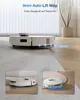 A white robot vacuum cleaner is shown transitioning from a carpet to a hard floor, with text and graphics highlighting its auto-lift mop feature. Produktbild-Vorschau