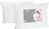 Two white pillows are shown, one in front of the other. The front pillow has a label with product information and an image of a woman. Podgląd zdjęcia produktu