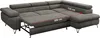 A dark gray sectional sofa with its sleeping surface extended, showing dimensions. Produktbild-Vorschau