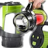 A collage of images showing different angles and features of a green and black flashlight. Podgląd zdjęcia produktu