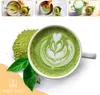 A collage showing the steps to prepare matcha latte and a finished matcha latte with latte art, accompanied by matcha powder and leaves. Podgląd zdjęcia produktu