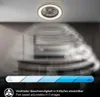 A ceiling fan with integrated LED lighting is shown mounted on a ceiling, with a visual representation of airflow. Produktbild-Vorschau