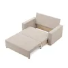 A beige sofa bed is shown in an open state, revealing its sleeping surface. Produktbild-Vorschau