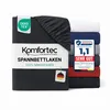 A stack of folded bed sheets in various colors, with a close-up of one black sheet in the foreground showing product labeling and certifications. Produktbild-Vorschau