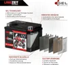 A diagram and marketing image of a Langzeit Gel motorcycle battery, highlighting its features and technology. Produktbild-Vorschau