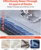 A sewing machine foot is shown sewing through multiple layers of denim, with fabric swatches below. Voir les images du produit