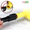 Close-up of a yellow vacuum cleaner part being attached to a black vacuum cleaner nozzle, with an inset showing a detail of the connection mechanism. Produktbild-Vorschau