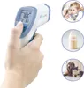 A hand holding a digital thermometer, with inset images showing the thermometer being used on a baby, a baby bottle, and pets. Produktbild-Vorschau