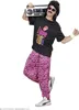 A man wearing an 80s-themed costume, including a black t-shirt with 'I love 80s' graphic and pink tiger-striped pants, holding a boombox over his shoulder. Produktbild-Vorschau