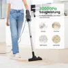 A person is using a cordless vacuum cleaner on a floor with scattered debris. A graphic overlay highlights the suction power and shows examples of debris that can be cleaned. Podgląd zdjęcia produktu