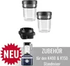 A marketing image showing accessories for a KitchenAid stand mixer, including two blending cups and a base, with a small blue stand mixer at the bottom and promotional text. Voir les images du produit