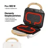 A white sandwich maker with wooden accents is shown open with its heating elements glowing red. Text details are provided on the left. Podgląd zdjęcia produktu