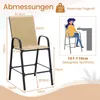 Diagram showing dimensions of a bar stool and a person sitting at a table. Podgląd zdjęcia produktu