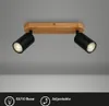 A ceiling light fixture with a wooden base and two adjustable black spotlights. Produktbild-Vorschau