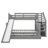 A gray bunk bed with a slide and stairs, shown against a white background. Produktbild-Vorschau