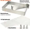 A top-down view of baking accessories, including a rectangular cake frame and piping bags with nozzles. Anteprima dell’immagine prodotto
