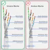 Comparison of two network cables, one labeled 'Unsere Marke' (Our Brand) with a green checkmark, and the other labeled 'Andere Marke' (Other Brand) with a red cross. Both show a cross-section of the cable's internal structure with labels indicating materia Produktbild-Vorschau