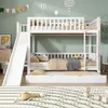 A white bunk bed with a slide and a pull-out trundle bed, set in a child's bedroom with decorative hot air balloons and a banner. Anteprima dell’immagine prodotto