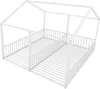 A white metal house-shaped bed frame with two separate sleeping surfaces and a slatted base, shown from a diagonal angle against a white background. Produktbild-Vorschau
