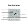 An image showing a smart thermostat with labels pointing to different icons and functions. Náhled obrázku produktu