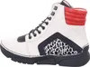 A side view of a single white and black high-top sneaker with red accents and an animal print panel. Náhled obrázku produktu
