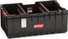A black Qbrick System tool box with red accents, divided into three compartments. Náhled obrázku produktu