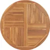 A round teak wood tabletop, viewed from directly above. The tabletop has an octagonal border and is divided into four sections by a cross shape, with wooden slats arranged horizontally in two opposing sections and vertically in the other two. The overall a Anteprima dell’immagine prodotto