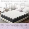 A mattress is shown on a bed, with diagrams illustrating different mattress sizes and bed frame types. Voir les images du produit