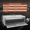 A silver aluminum truck tool box with its lid open, displayed on a road surface. Product specifications are shown in a graphic above. Podgląd zdjęcia produktu