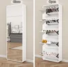 A split image showing a shoe cabinet in a closed state with a mirror on the front, and in an open state displaying multiple shelves with shoes. Podgląd zdjęcia produktu