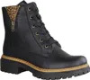 A single black boot with a leopard print accent and a zipper. Voir les images du produit
