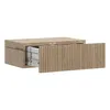 A wooden nightstand with an open drawer, showing dimensions. Produktbild-Vorschau