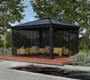 A gazebo with furniture and a dog on a wooden deck next to a pool. Voir les images du produit