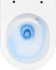 A top-down view of a toilet bowl with blue water swirling in a vortex. Produktbild-Vorschau