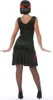 A woman is shown from the back wearing a black flapper-style dress with red fringe and a red headband. Produktbild-Vorschau