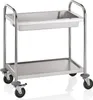 A stainless steel serving cart with two shelves and a tray on the top shelf, shown against a white background. Produktbild-Vorschau