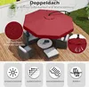 An outdoor patio scene with a red umbrella and furniture, featuring close-ups of product features and icons representing benefits. Produktbild-Vorschau