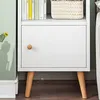 A close-up view of a white cabinet with a wooden knob and wooden legs, part of a bookshelf. Produktbild-Vorschau