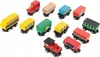 A collection of wooden toy train cars and locomotives on a white background. Produktbild-Vorschau