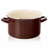 A brown enamel pot with cream interior and silver rim, shown from a side angle against a white background. Voir les images du produit