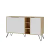 A modern sideboard with white doors and a wood-effect frame, supported by black hairpin legs, presented against a white background. Produktbild-Vorschau