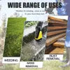 Collage of three images showing different uses of a tool: weeding a lawn, removing moss from stone steps, and removing rust from metal. The text highlights the versatility of the tool. Produktbild-Vorschau